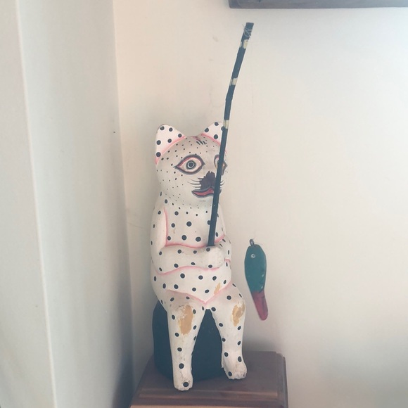 Other - Wooden Cat with Fishing Pole and Fish EUC